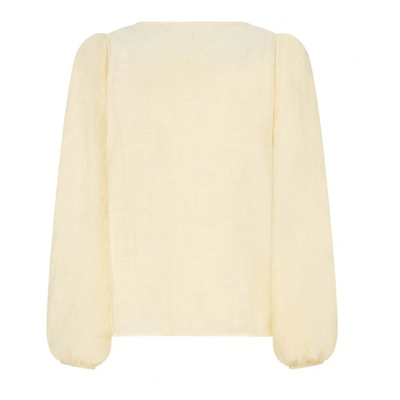 Light Yellow Tie Front Ruffle Detail Long Lantern Sleeve Blouse Shirt V-Neck - Picture 12 of 13